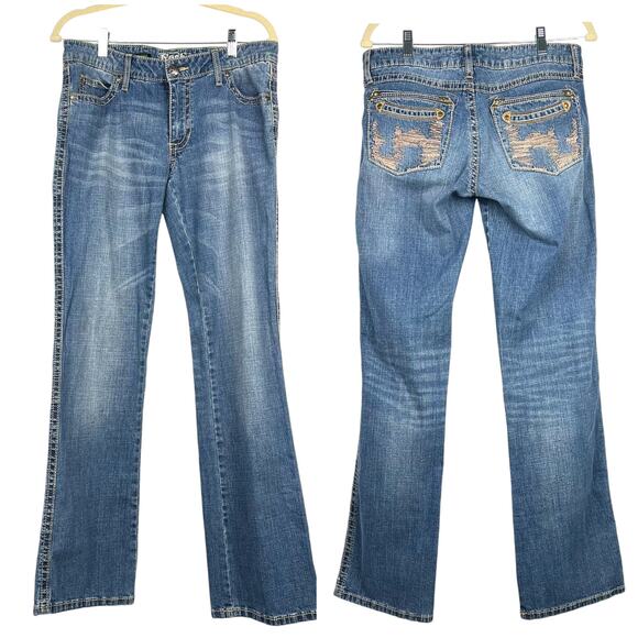 ROCK 47 by Wrangler Women’s Ultra Low Rise Jeans 30x32 Western Cowgirl Grunge - Picture 1 of 9